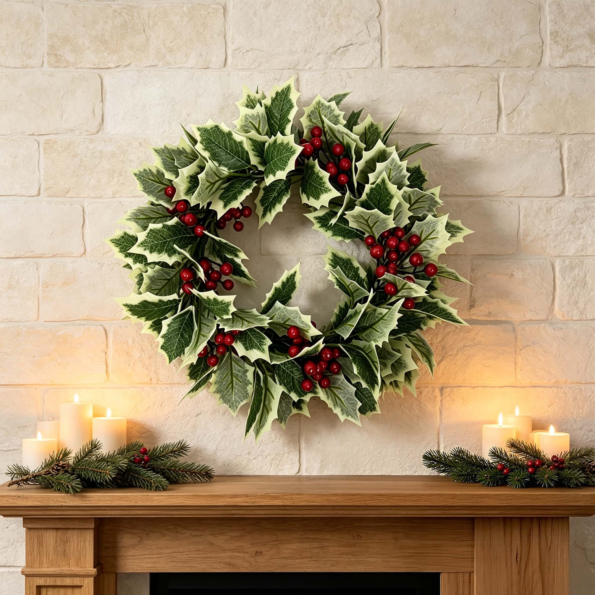 Christmas Wreath Fake - Christmas Artificial Holly Wreath With Red